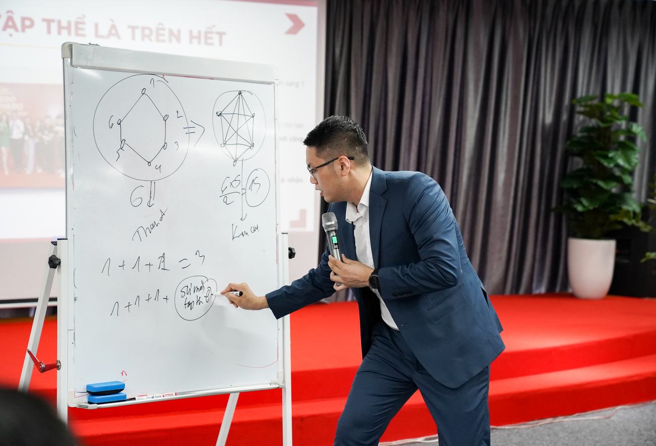 Đỗ Đăng Dương trình bày sơ đồ hệ thống tại buổi làm việc nội bộ